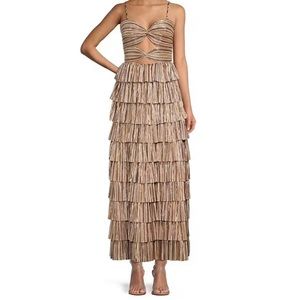 Gianni Bini Grace Metallic Plisse Sweetheart Neck Cut-Out Tiered Dress
